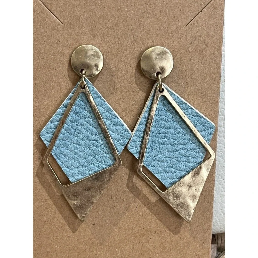 Vintage Hammered Gold-Tone & Leather Dangle Earrings Retro 1980s Punk 2.25in